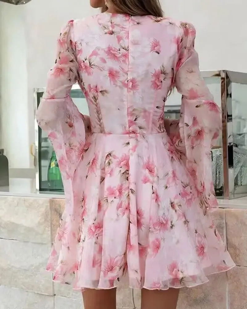 Butterfly Floral Print Bell Sleeve Dress