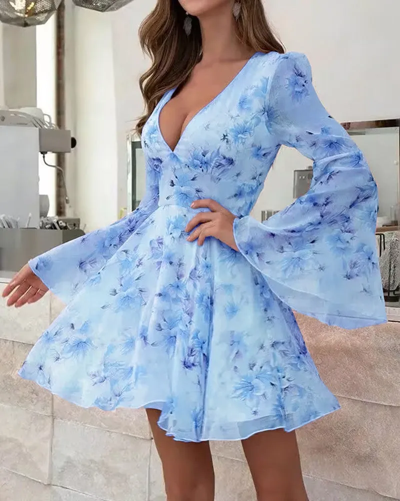 Butterfly Floral Print Bell Sleeve Dress