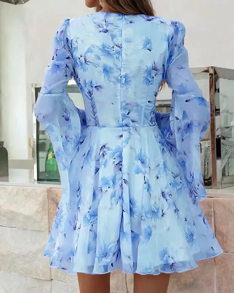 Butterfly Floral Print Bell Sleeve Dress