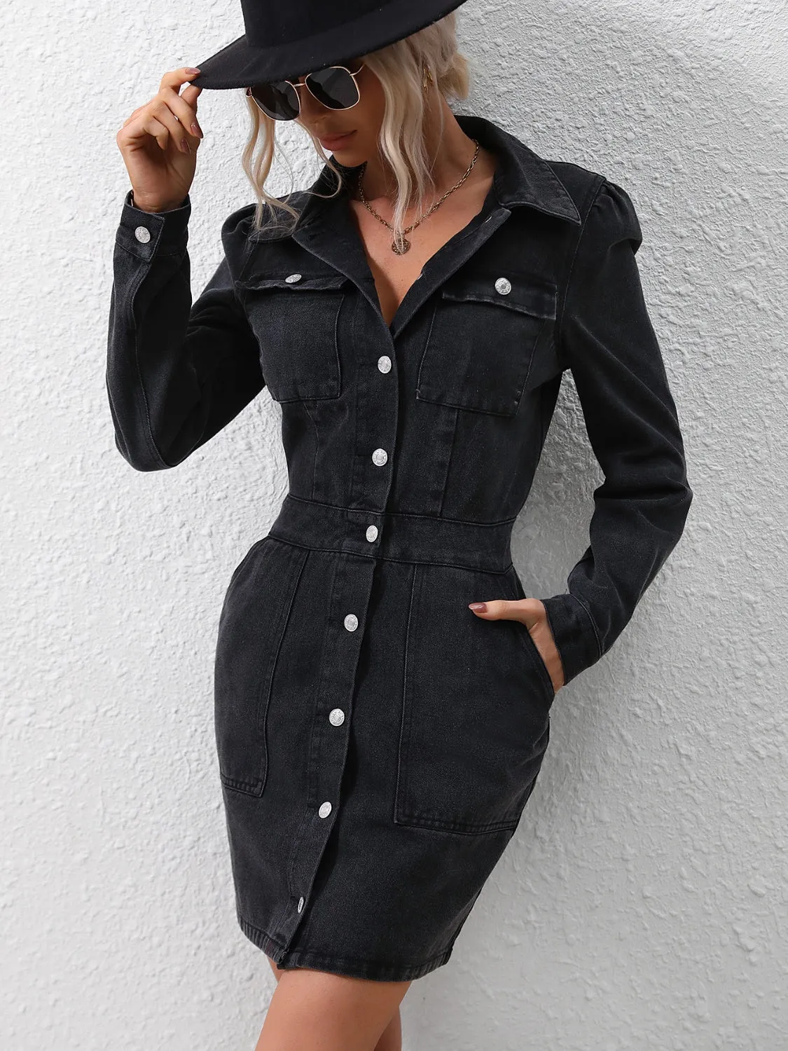 Button Down Denim Dress with Pockets