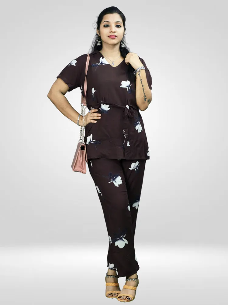 Casual Coffee Printed Co-ord Set for Women's in Comfortable Rayon