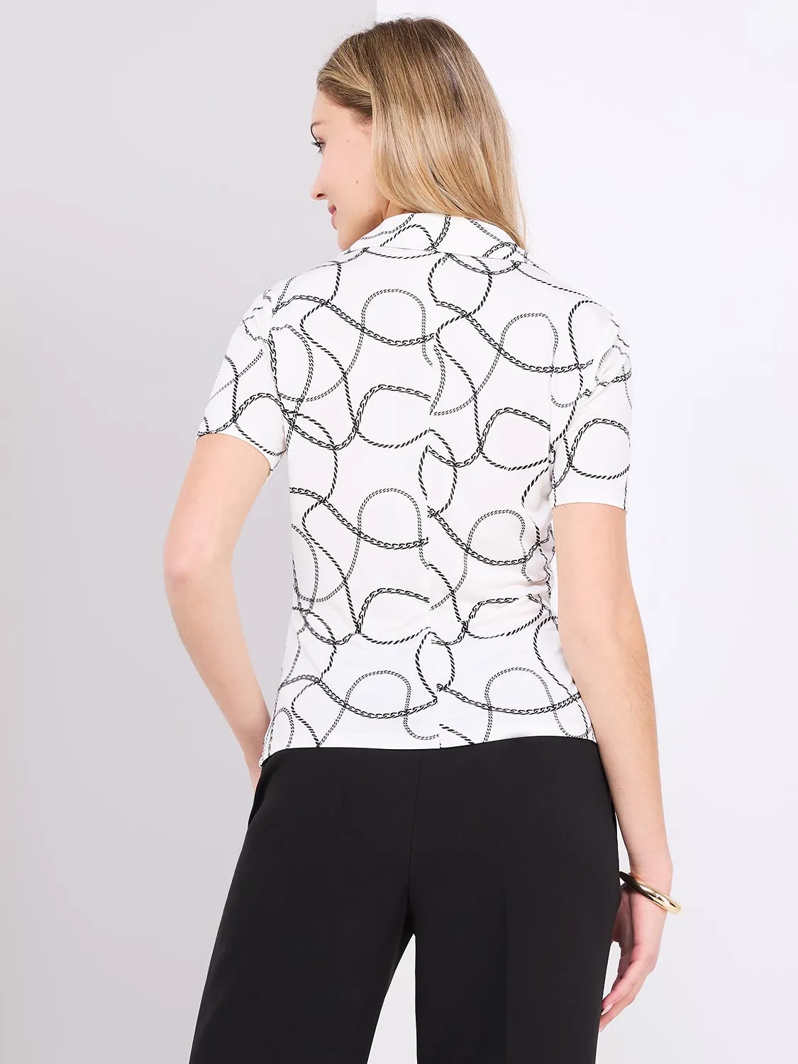 Chain Print Button-Front Short Sleeve Blouse