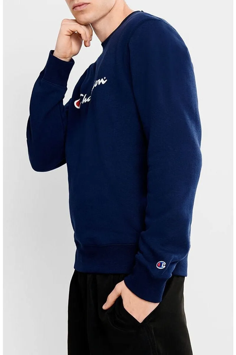 CHAMPION MEN'S SCRIPT NAVY CREW SWEATSHIRT