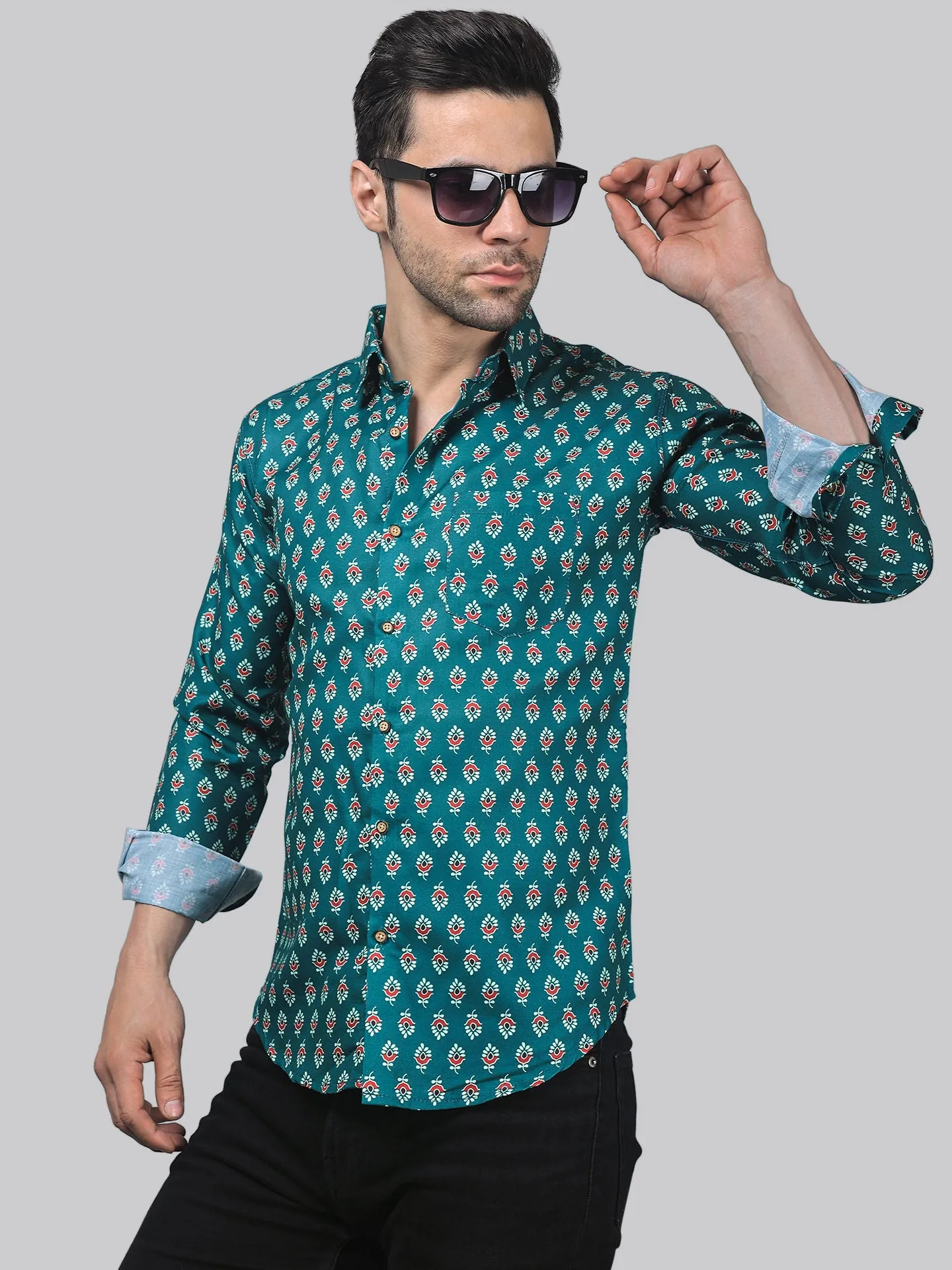 Coral Cavern Men's Printed Full Sleeve  Cotton Button-Up Shirt For Men