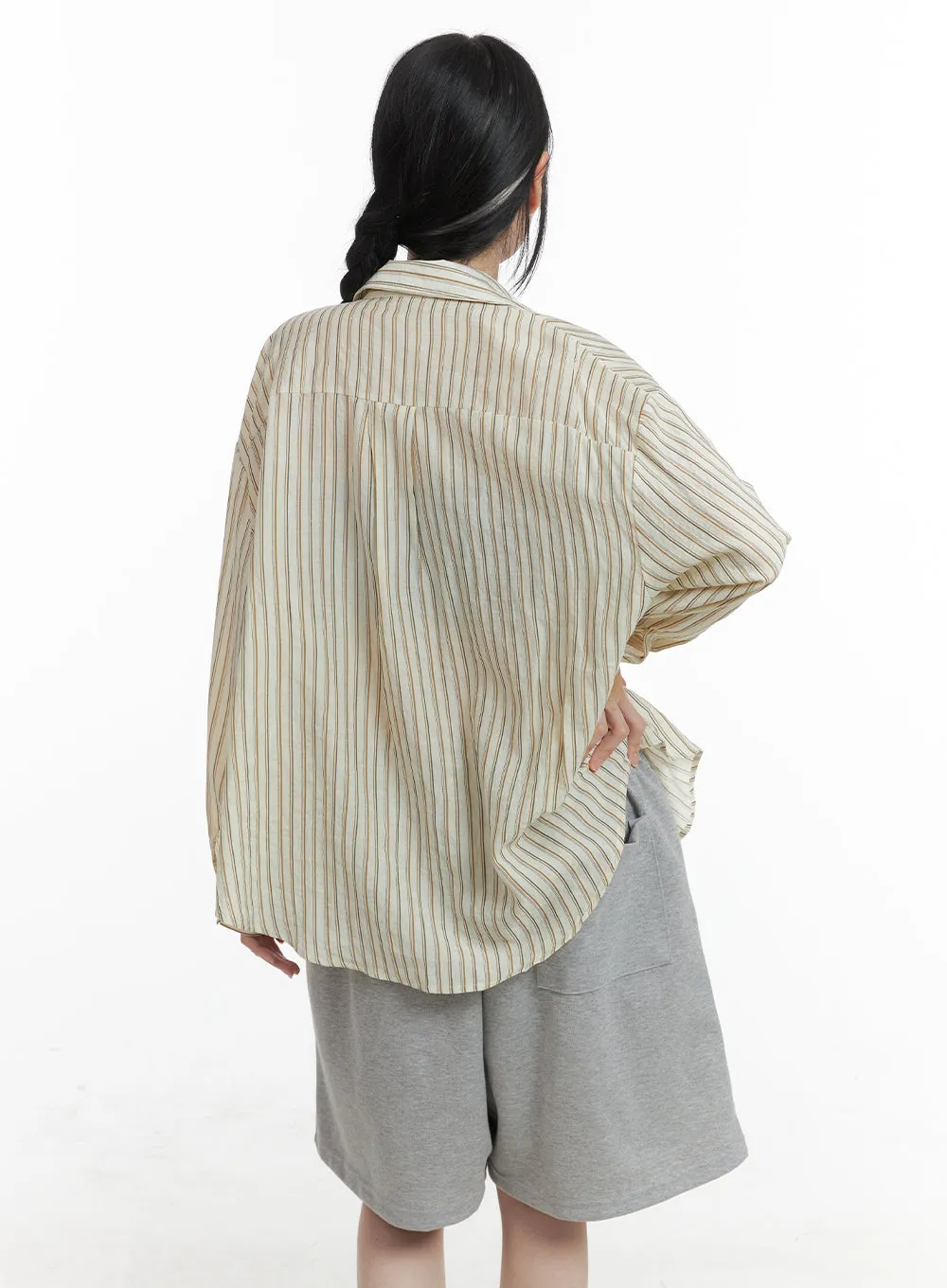 Cotton Stripe Pocketed Button-Up Shirt OM426