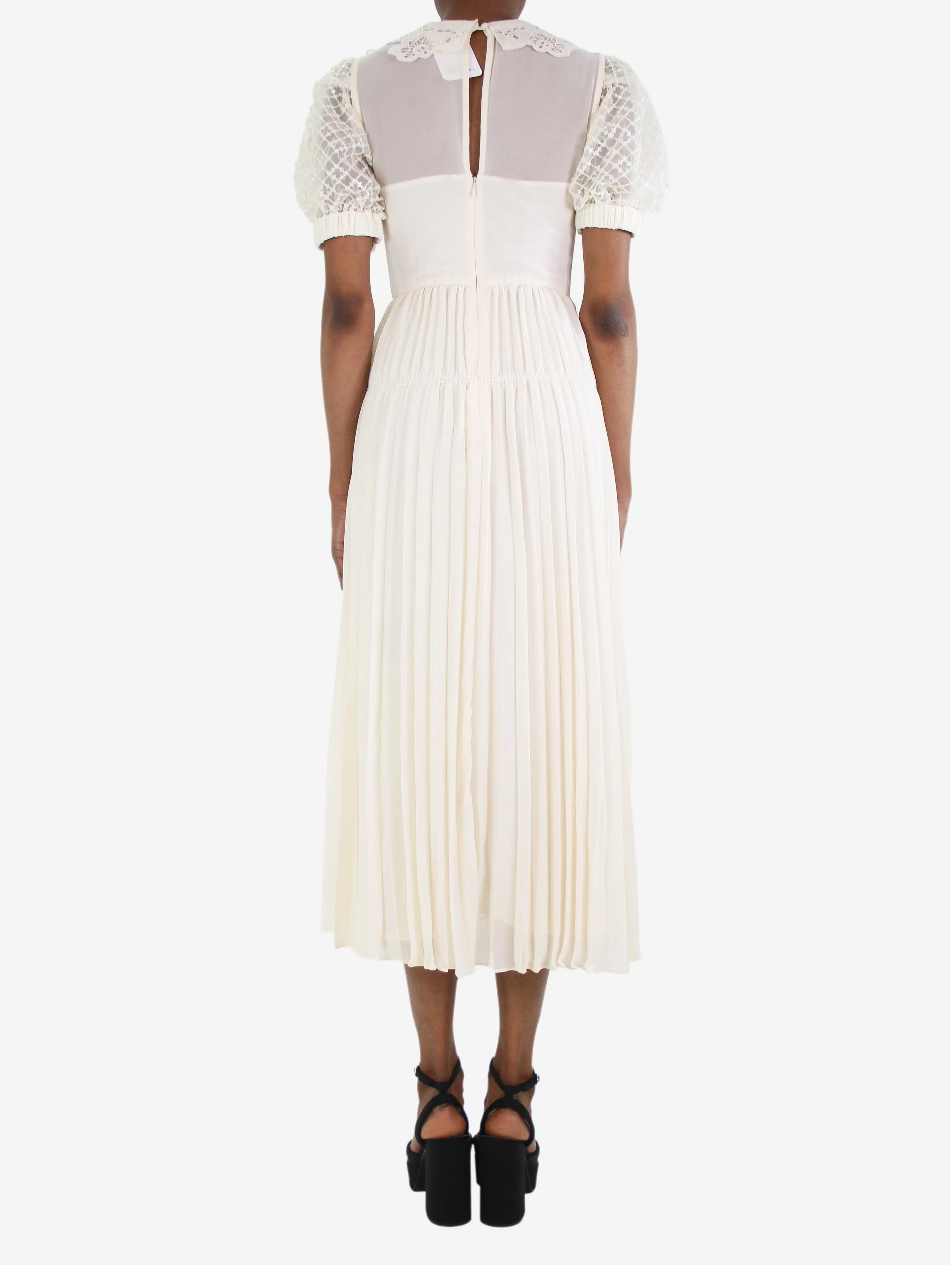 Cream lace embellished pleated midi dress - size UK 4