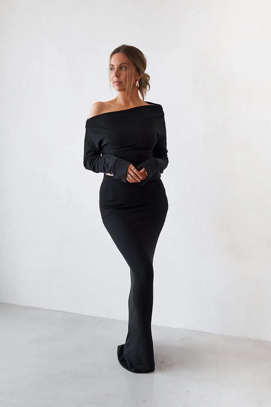 Cupro Long Sleeve Top - Black