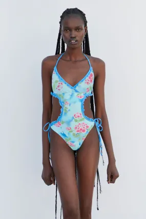 Danielle Floral Monokini One Piece Swimsuit - Blue Daiquiri