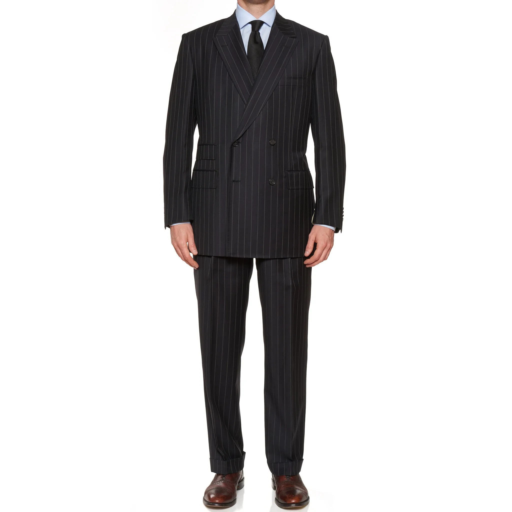 D'AVENZA For PAPE Handmade Black Striped Wool DB Suit EU 52 NEW US 42