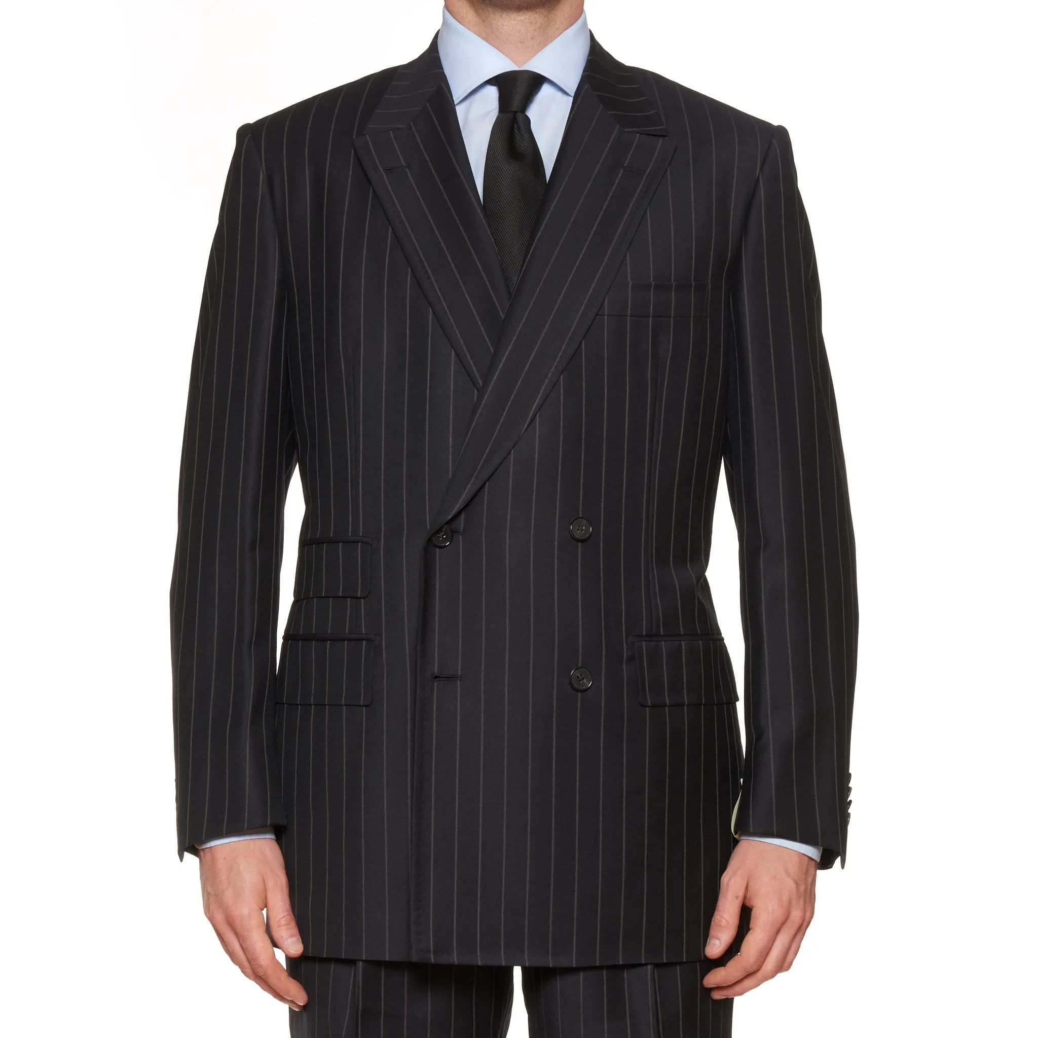 D'AVENZA For PAPE Handmade Black Striped Wool DB Suit EU 52 NEW US 42