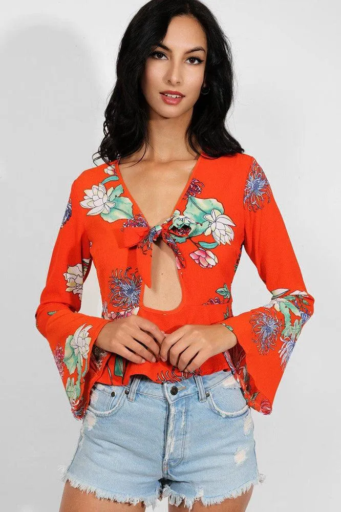 Deep Coral Floral Print Peek-a-Boo Flute Sleeves Blouse