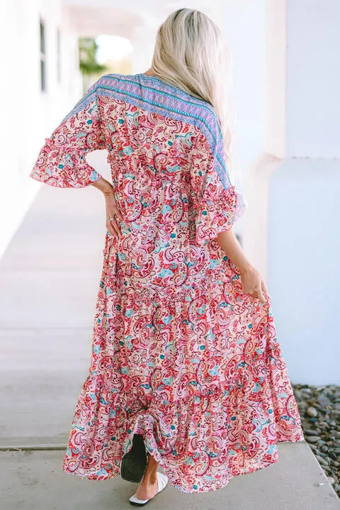 Deep V Three-Quarter Sleeve Maxi Dress