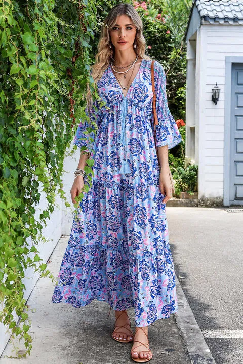 Deep V Three-Quarter Sleeve Maxi Dress