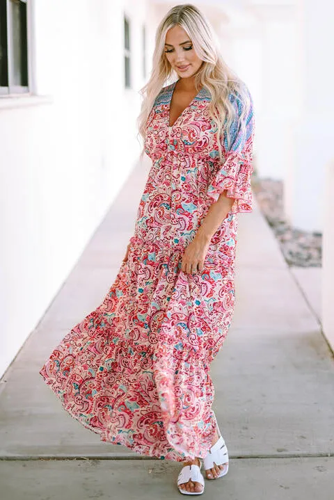 Deep V Three-Quarter Sleeve Maxi Dress