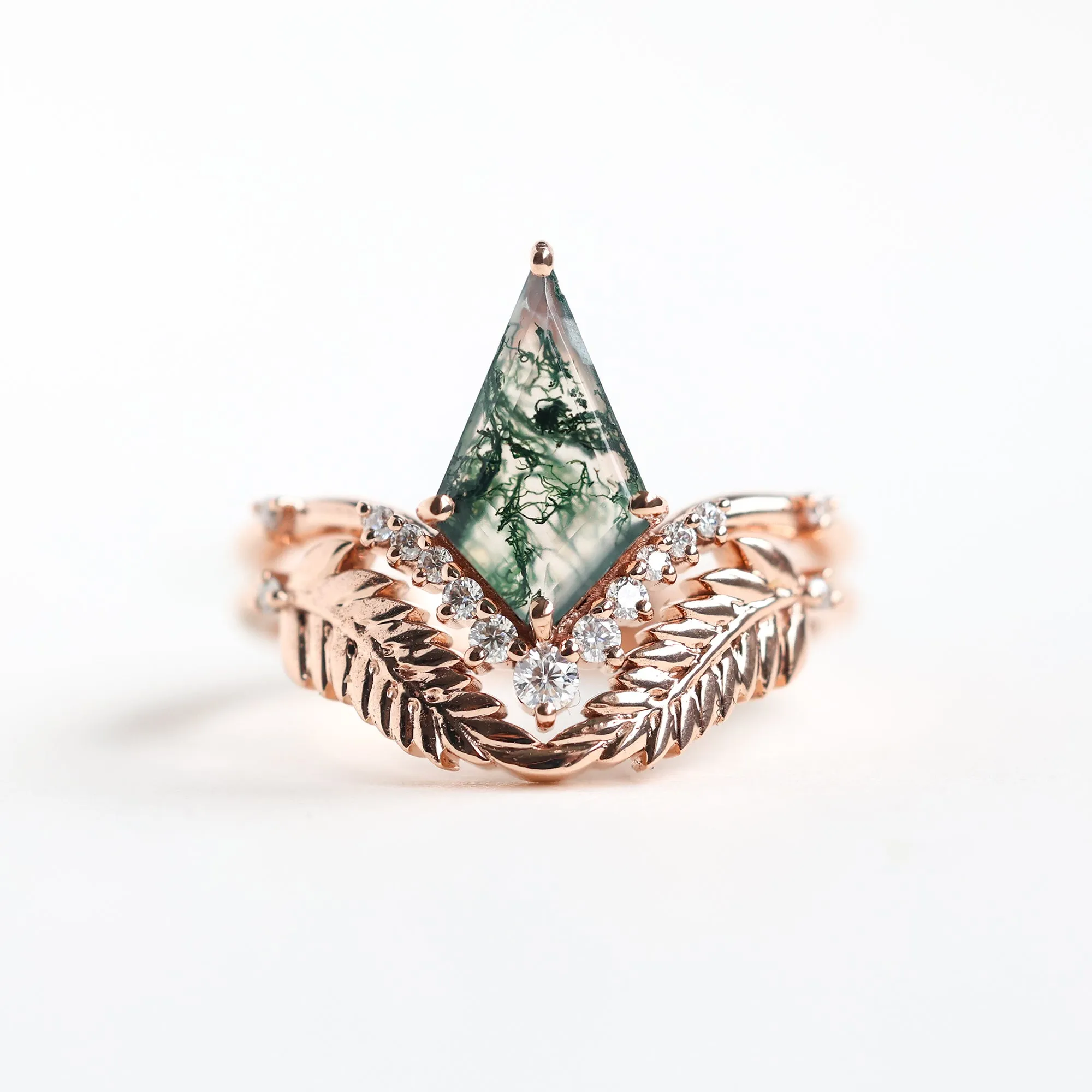 Diamond Kite Moss Agate Ring Set With Leaf Diamond Band