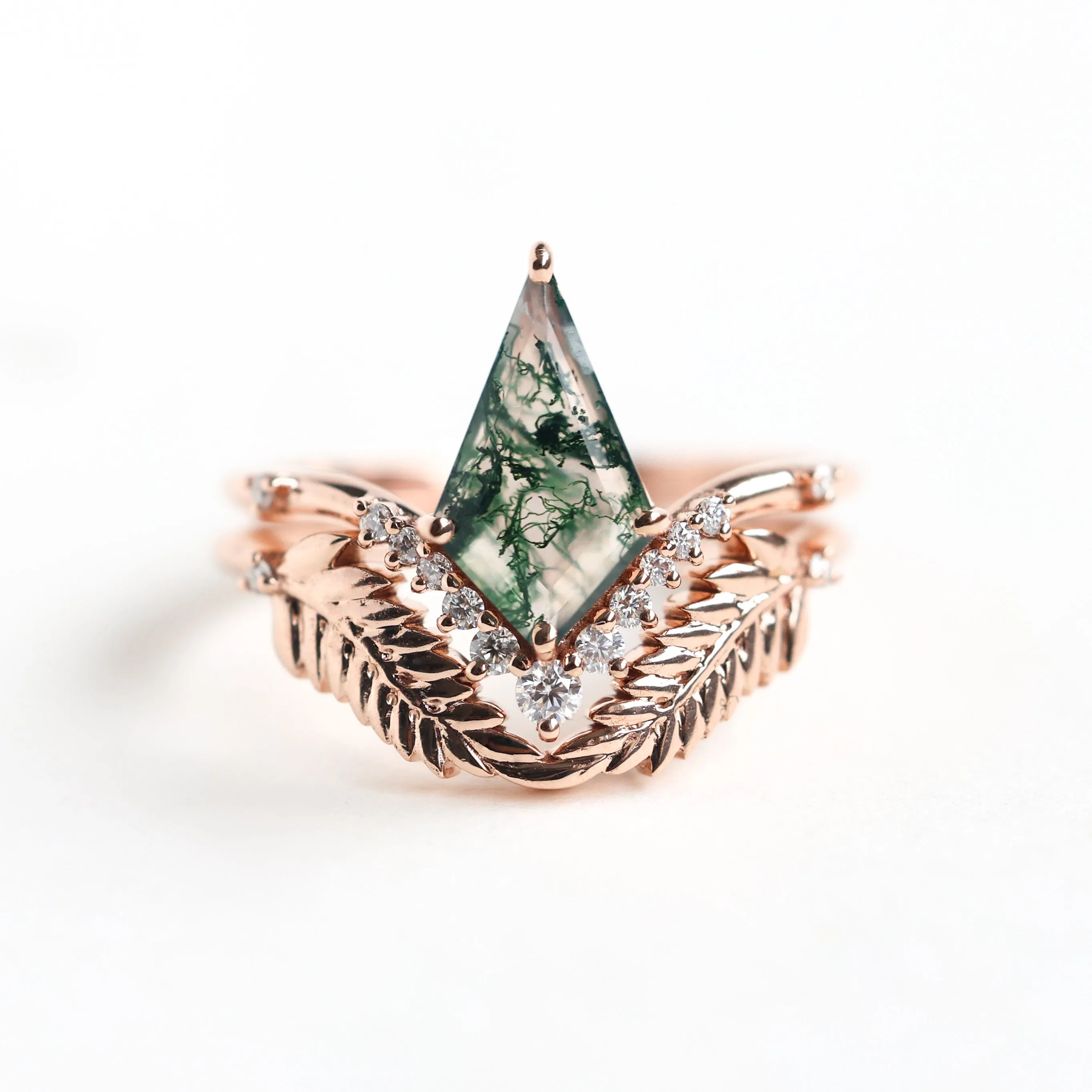 Diamond Kite Moss Agate Ring Set With Leaf Diamond Band