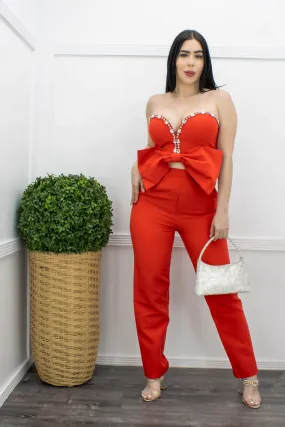 Embellished Satin Top Pant Set Red