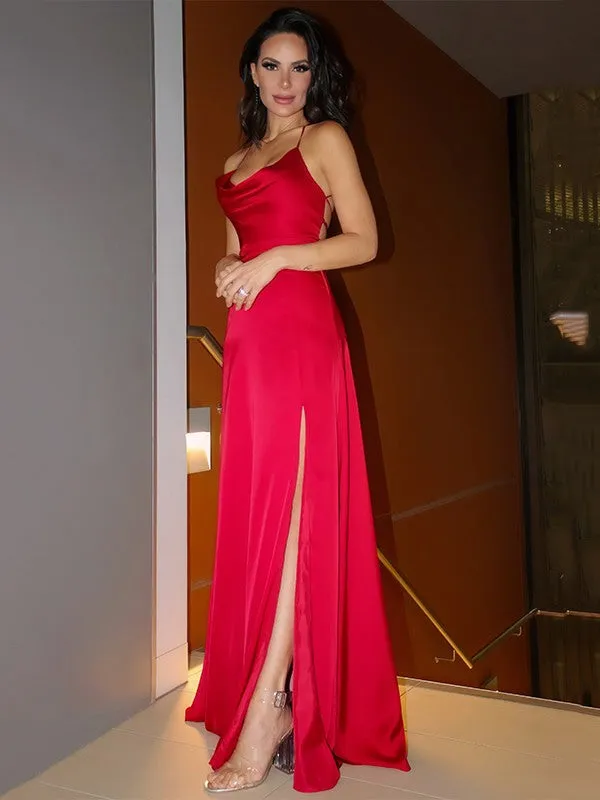 Glamorous Red Spaghetti Strap Prom Gown with Daring Leg Split