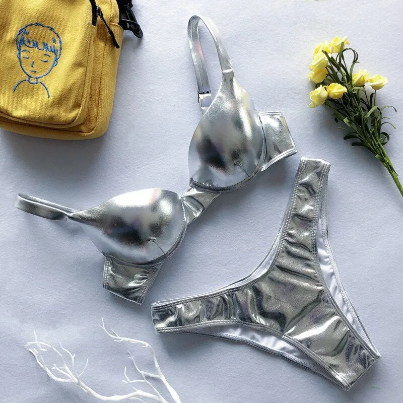 Glitzerndes, glamouröses Bikini-Push-up-Set in Metallic-Optik 