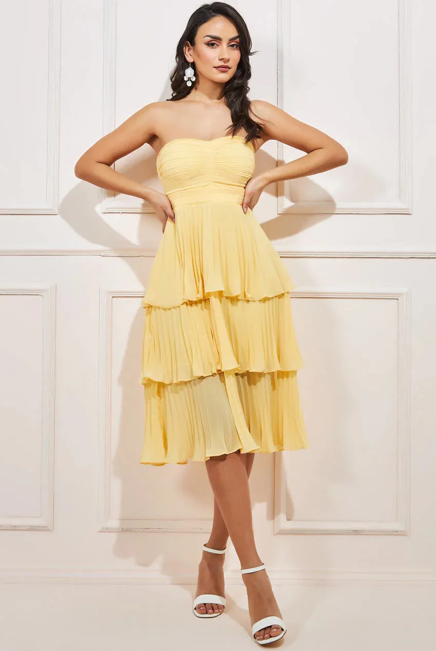 Goddiva Pleated Bandeau Bodice Chiffon Tiered Midi