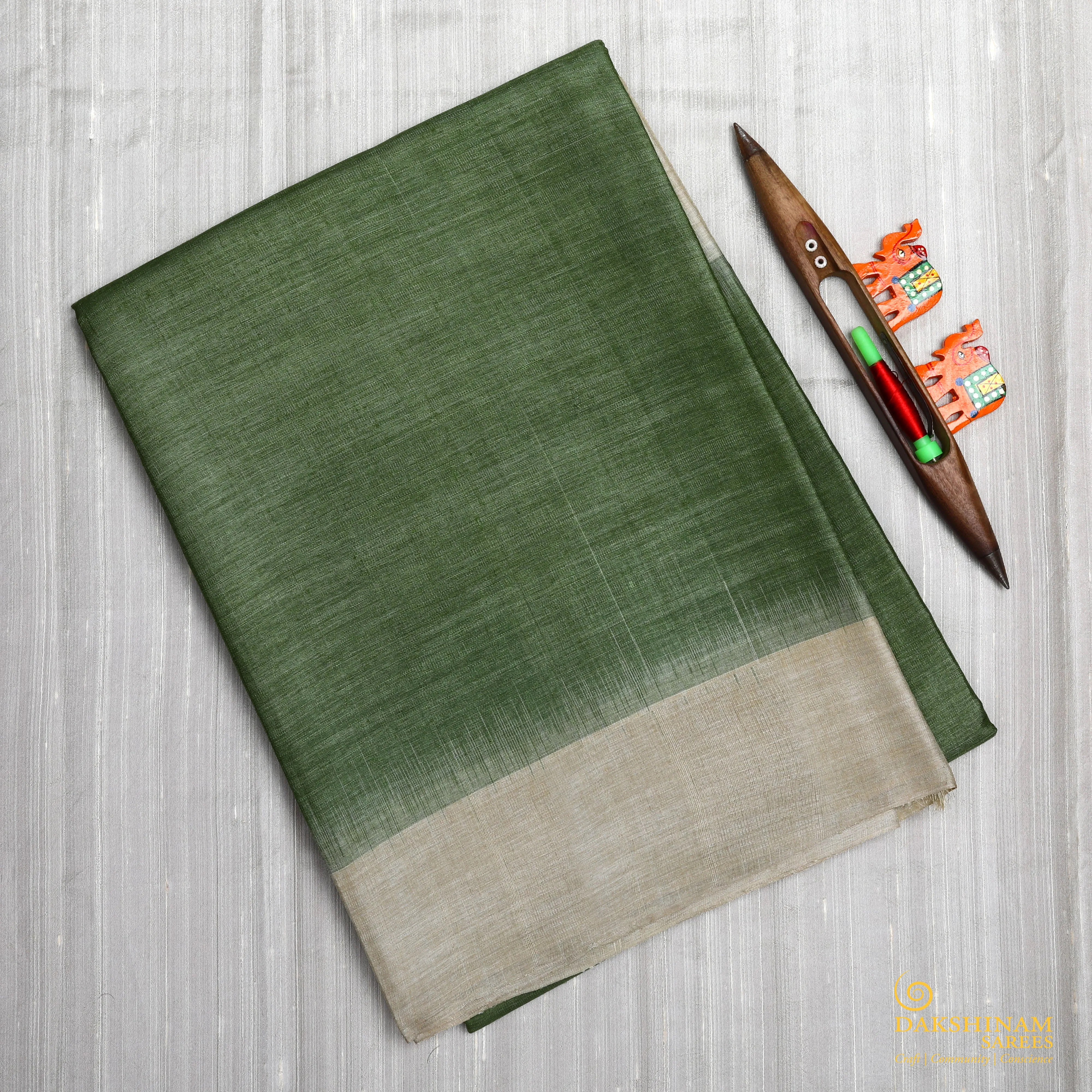 Handwoven Green with Beige Tussar Silk Saree - 1202T003347DSC