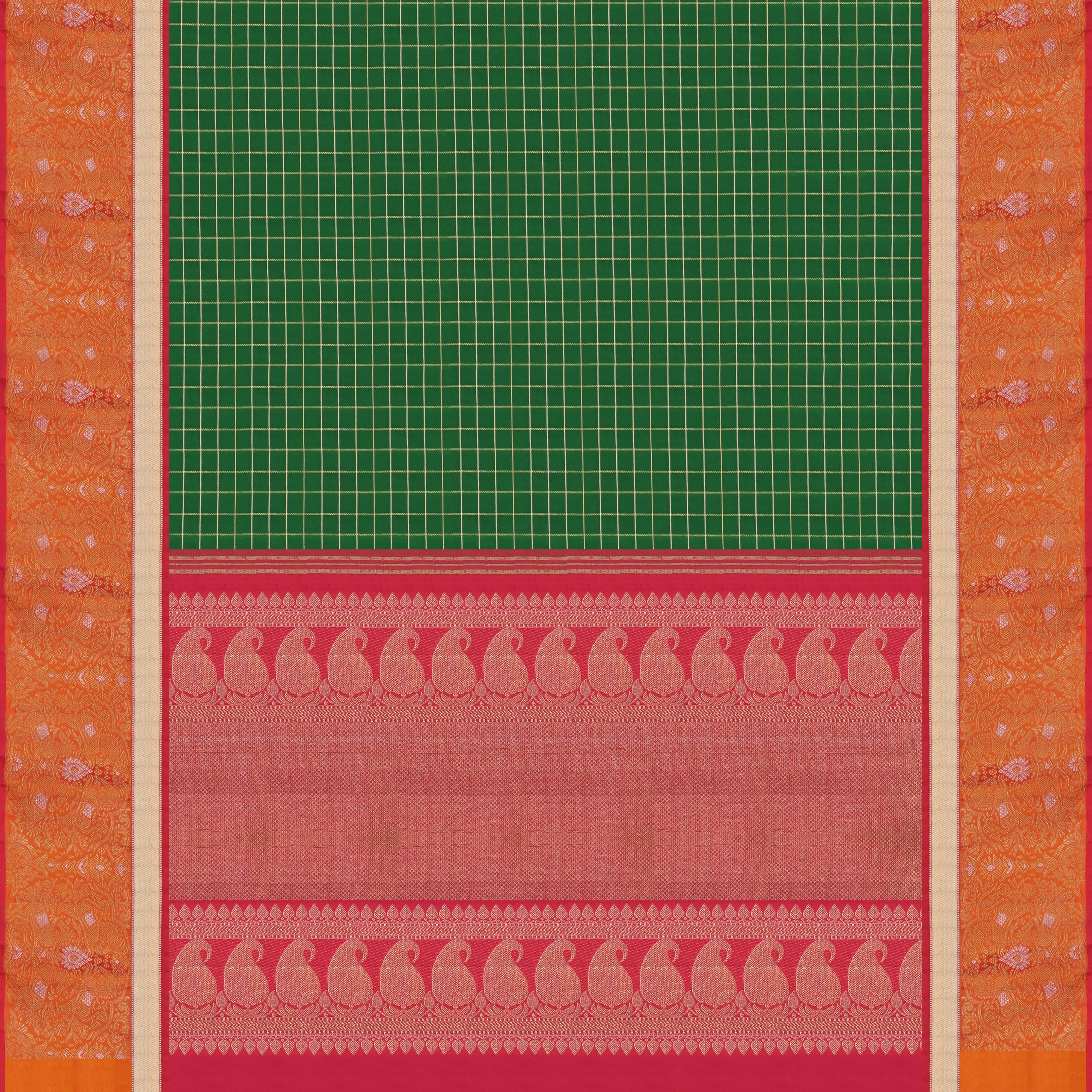 Handwoven Green with Pink shot and Orange Kanjivaram Silk Saree - 1551T006137DSC