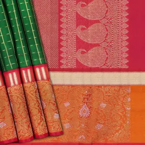 Handwoven Green with Pink shot and Orange Kanjivaram Silk Saree - 1551T006137DSC