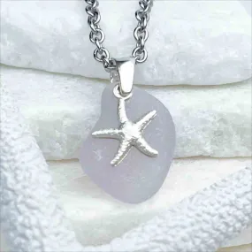 Jellybean Sun Purple Sea Glass Pendant with Sterling Silver Sea Star Charm | #1719