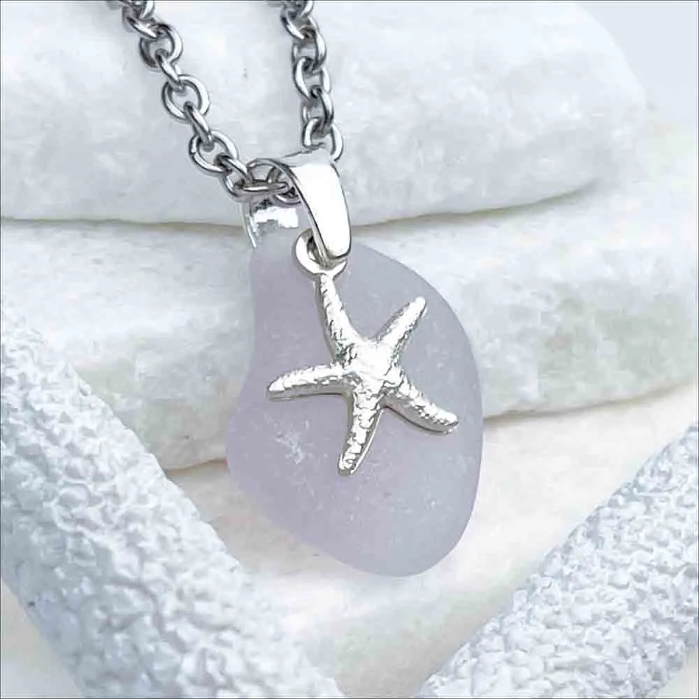 Jellybean Sun Purple Sea Glass Pendant with Sterling Silver Sea Star Charm | #1719