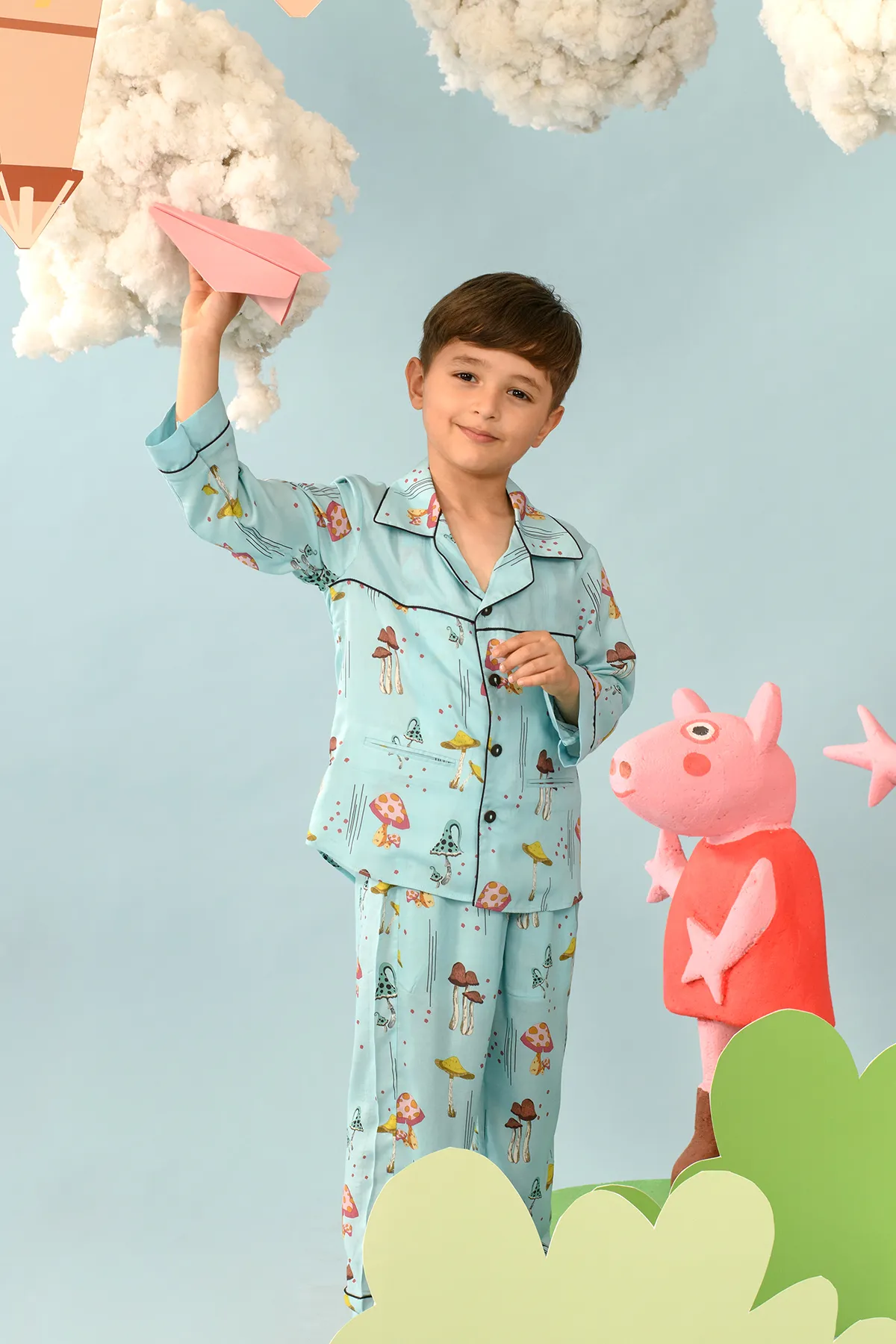 Leotia- Blue Mushroom Notched Collar Shirt Set For Boys