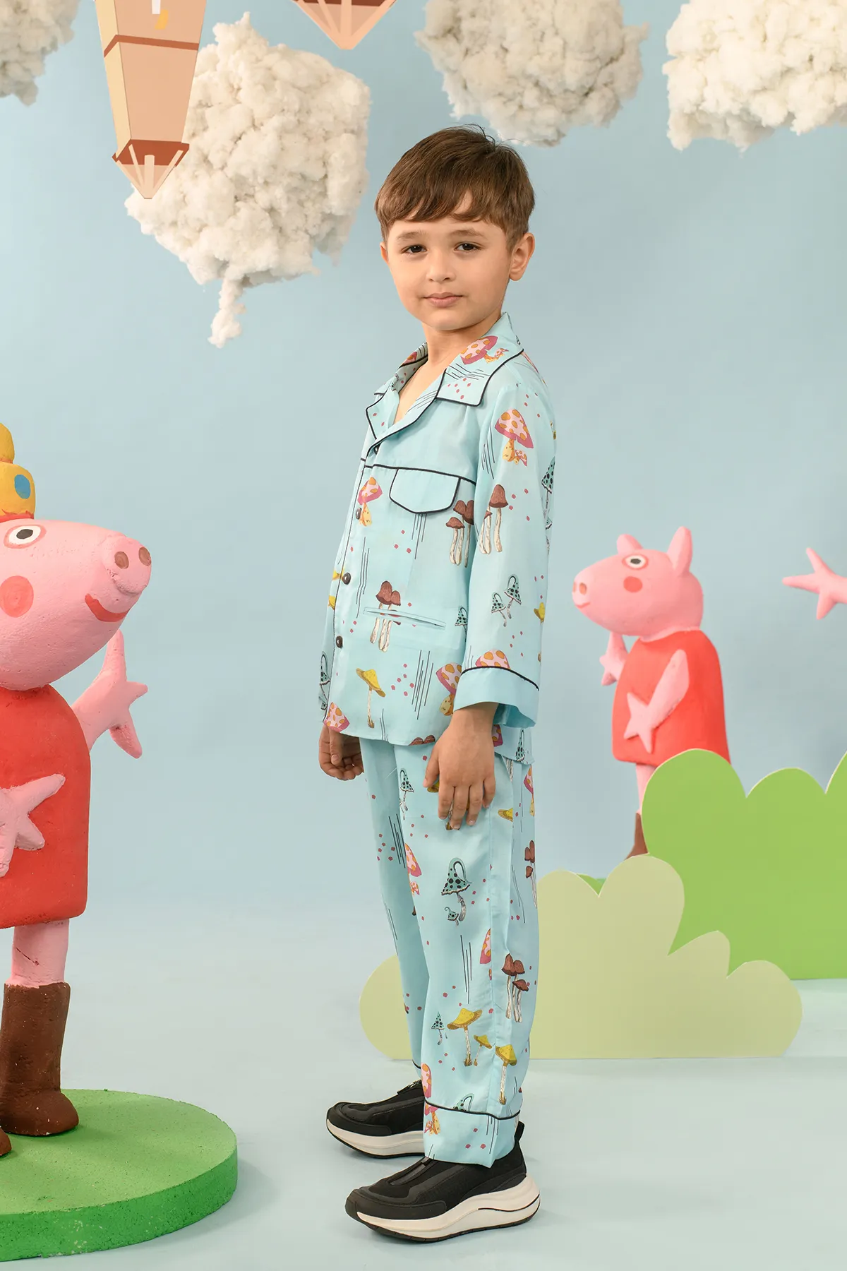 Leotia- Blue Mushroom Notched Collar Shirt Set For Boys