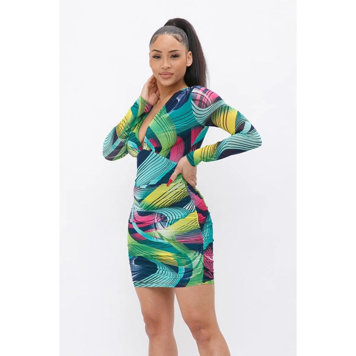 Long Sleeve Printed V-neck Dress