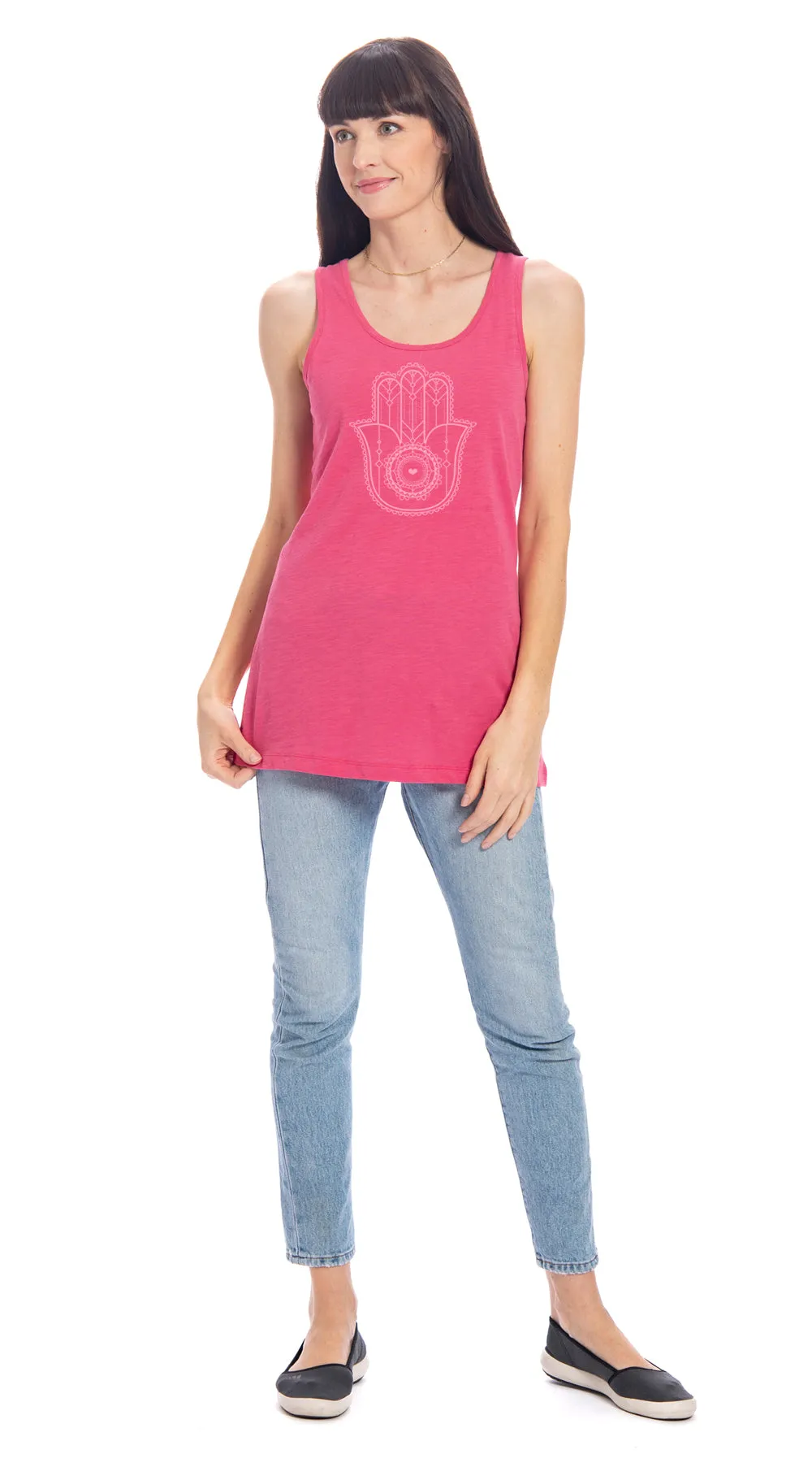 Long Tank -  tea rose Hamsa - org.cotton