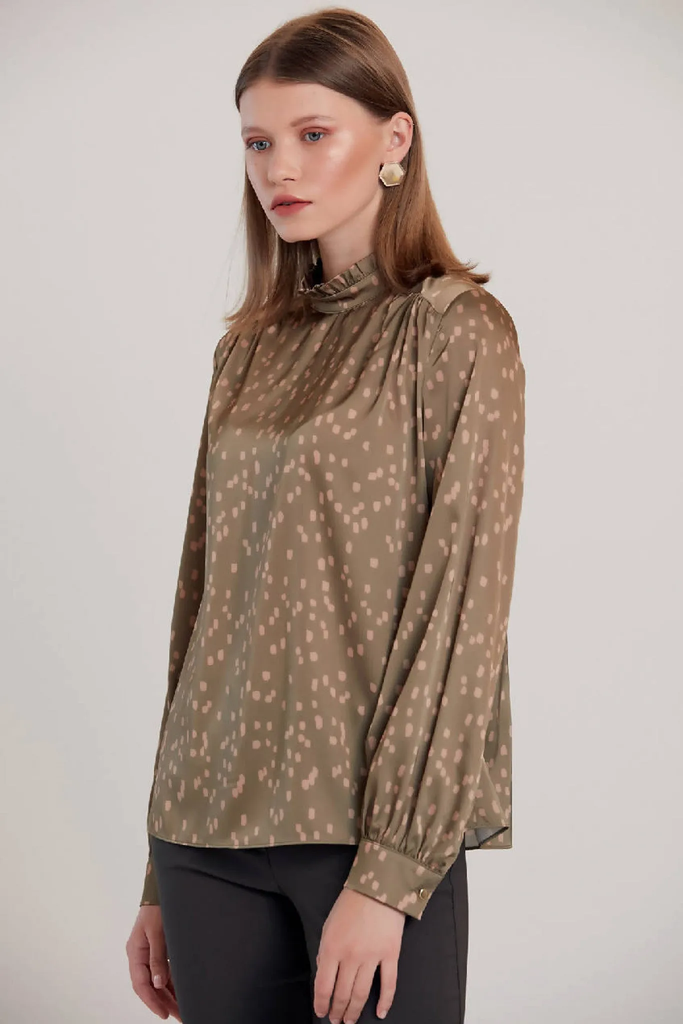 Love And Joy London Dalmatian Print Silk Blouse In Khaki