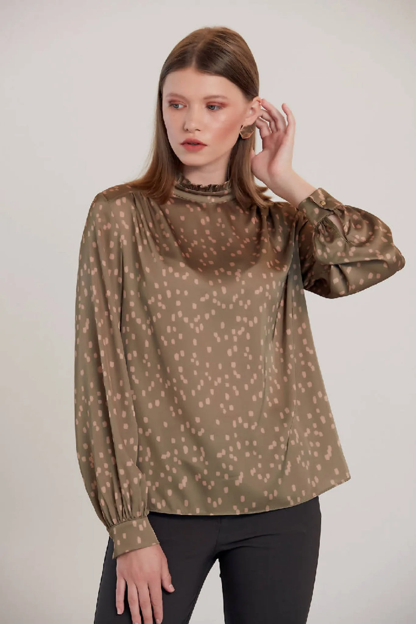 Love And Joy London Dalmatian Print Silk Blouse In Khaki