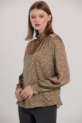 Love And Joy London Dalmatian Print Silk Blouse In Khaki