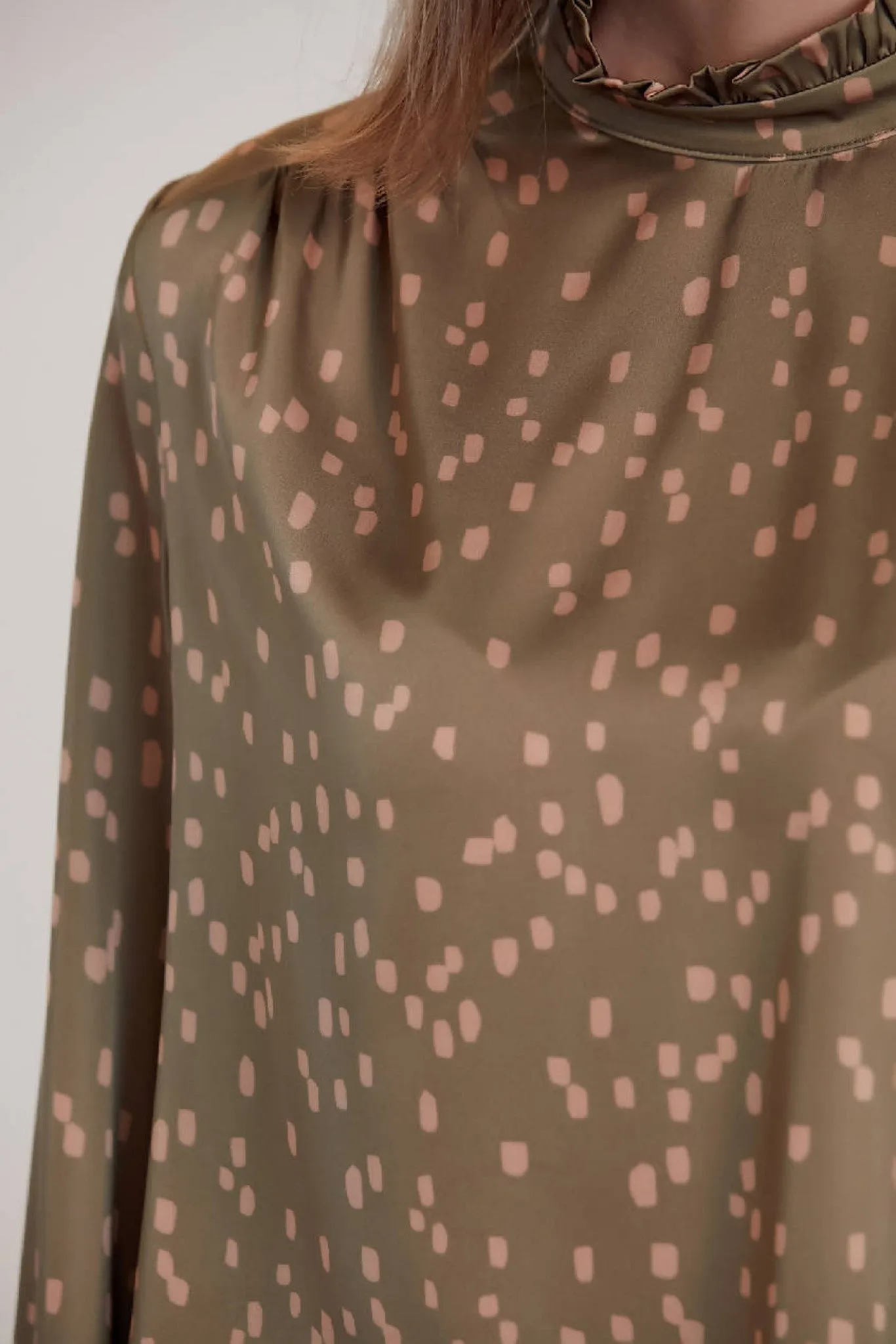 Love And Joy London Dalmatian Print Silk Blouse In Khaki