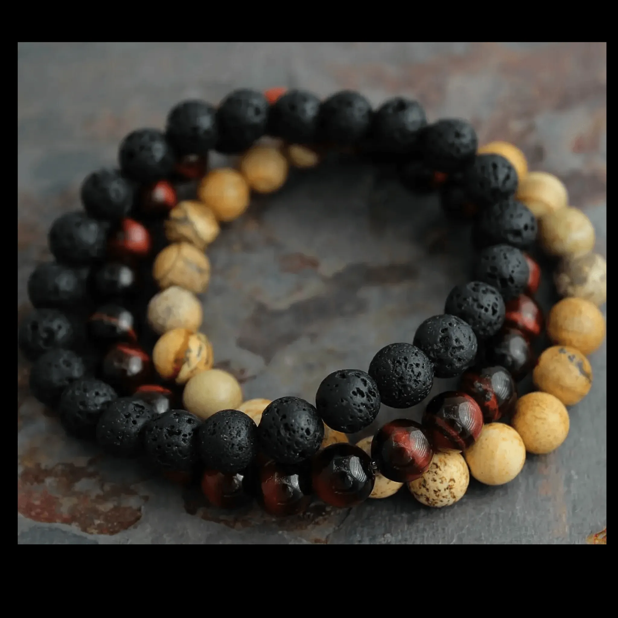 Mens Bracelet Set - Tigers Eye, Sand Jasper w/ Lava Stone