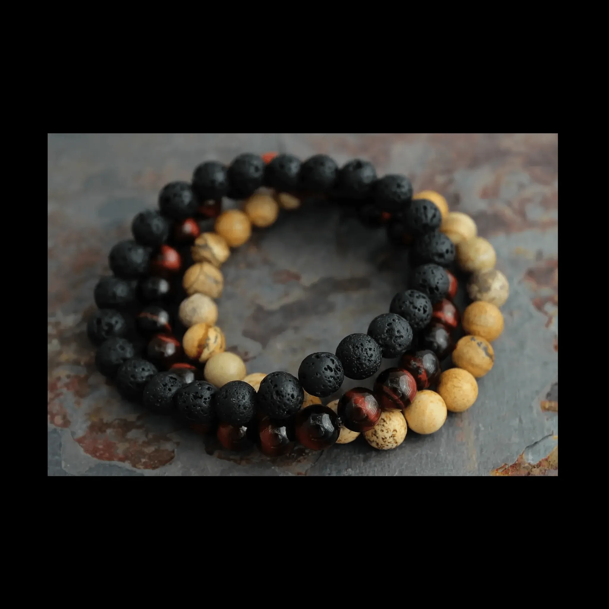 Mens Bracelet Set - Tigers Eye, Sand Jasper w/ Lava Stone