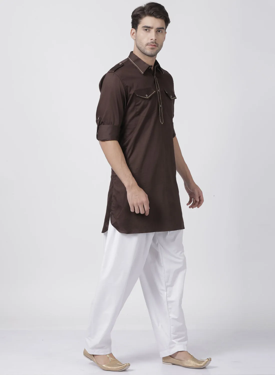 Men's Brown Cotton Blend Pathani Suit Set