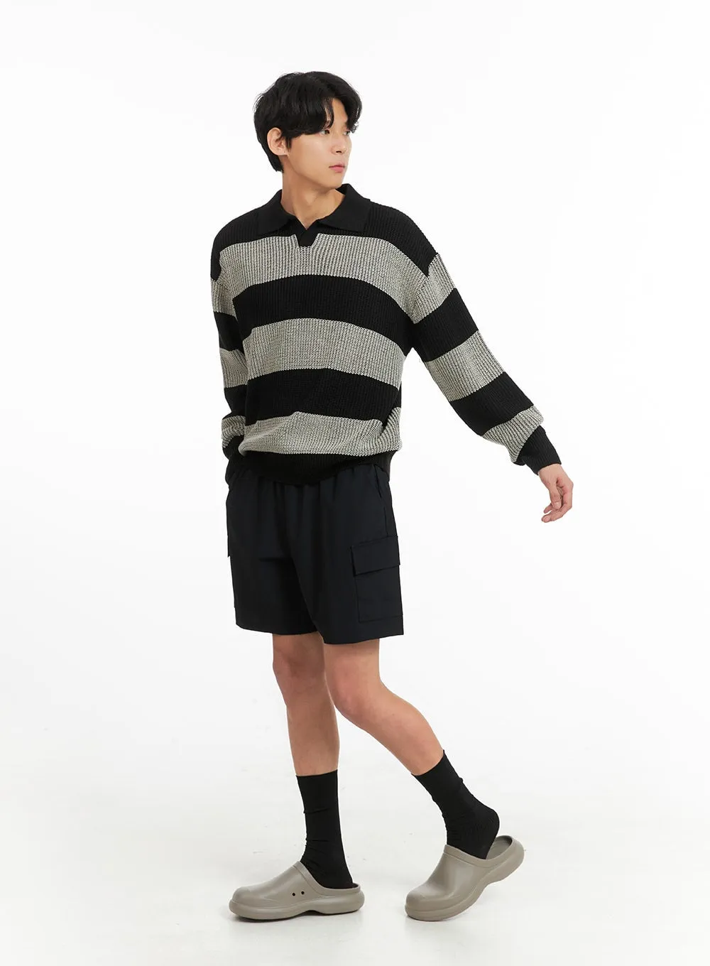 Men's Open Collar Striped Sweater IA401