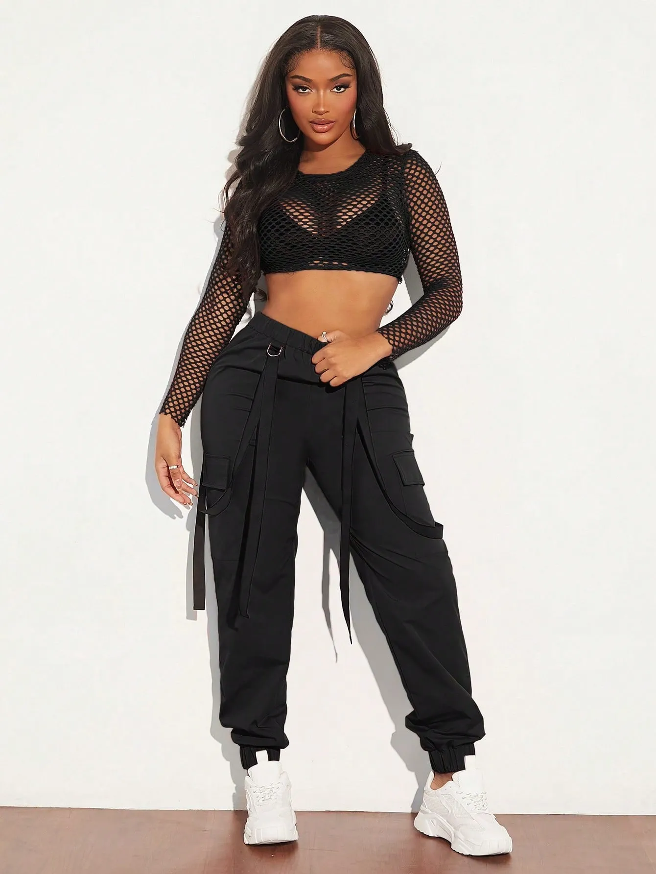 Mesh Crop Top Cargo Pants Set Without Bra