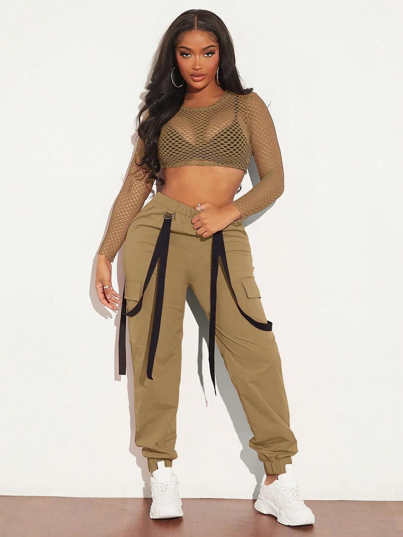 Mesh Crop Top Cargo Pants Set Without Bra