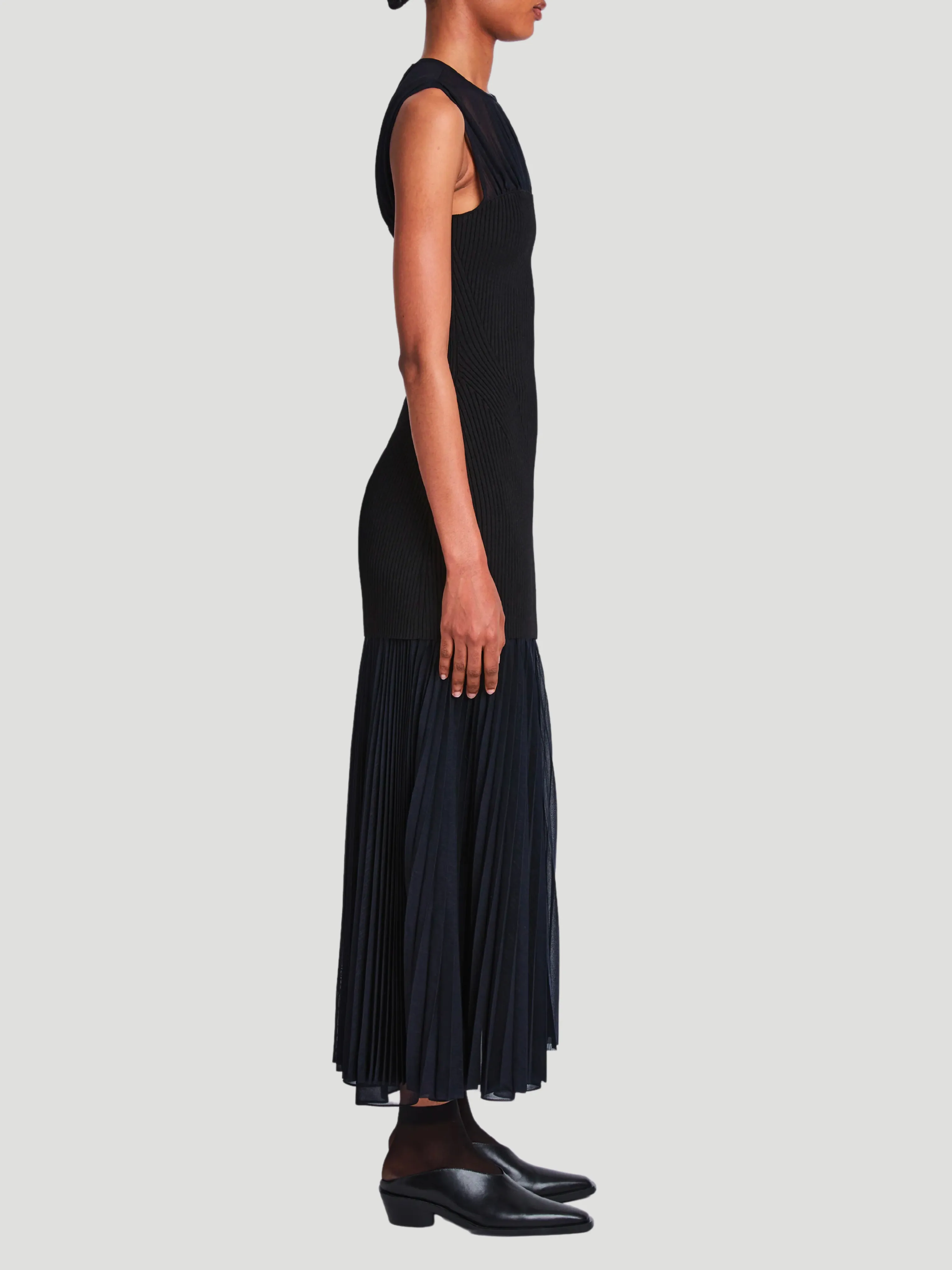 Niki Sheer Pleated Jersey Long Dress with Knit Bodice