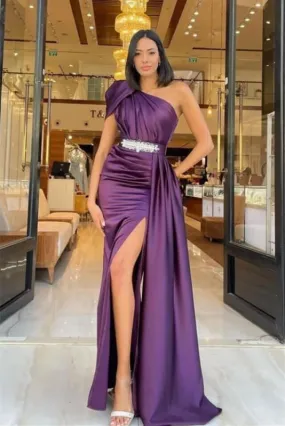 Online Dark Purple One Shoulder Mermaid Long Ruffles Prom Dress With Belt