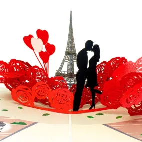 Paris Lovers Pop Up Card Handmade 3D Popup Greeting Cards for Valentines Day, Mothers Day, Wedding, Anniversary, Birthday, Love, All Occasions