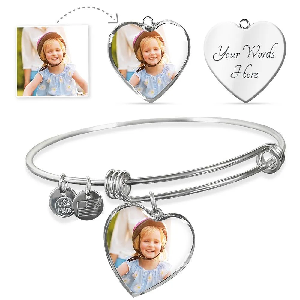 Personalized & Engraved Heart Pendant Silver Bangle