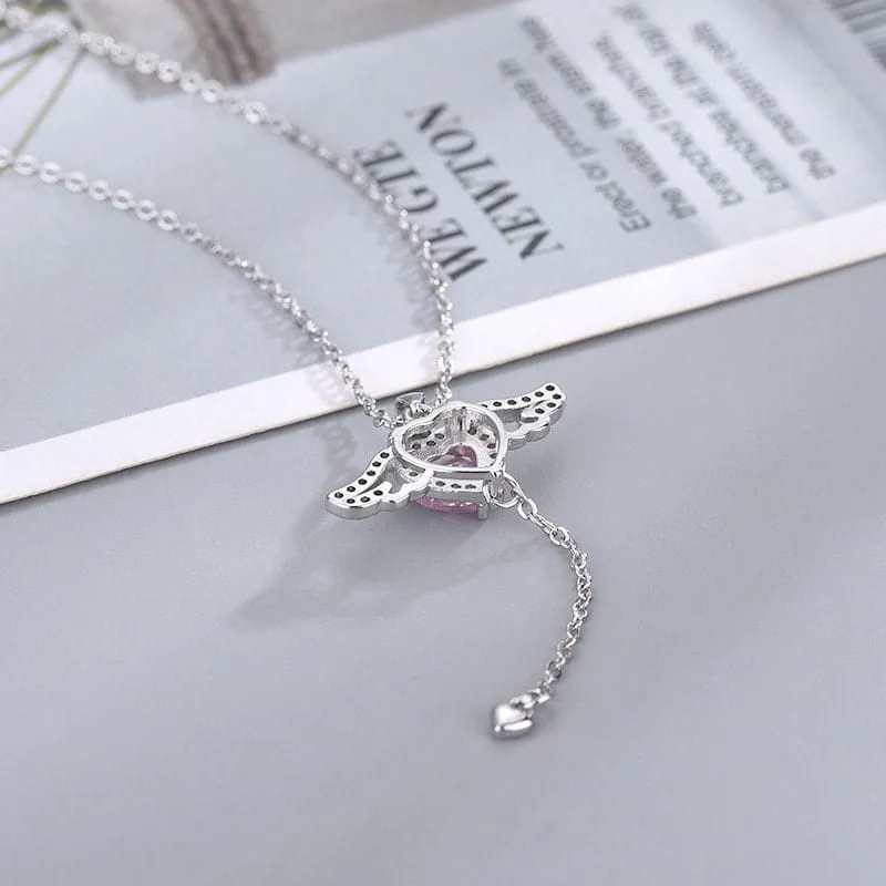 Pink Crystal Cupid Heart Wings Necklace MK18405