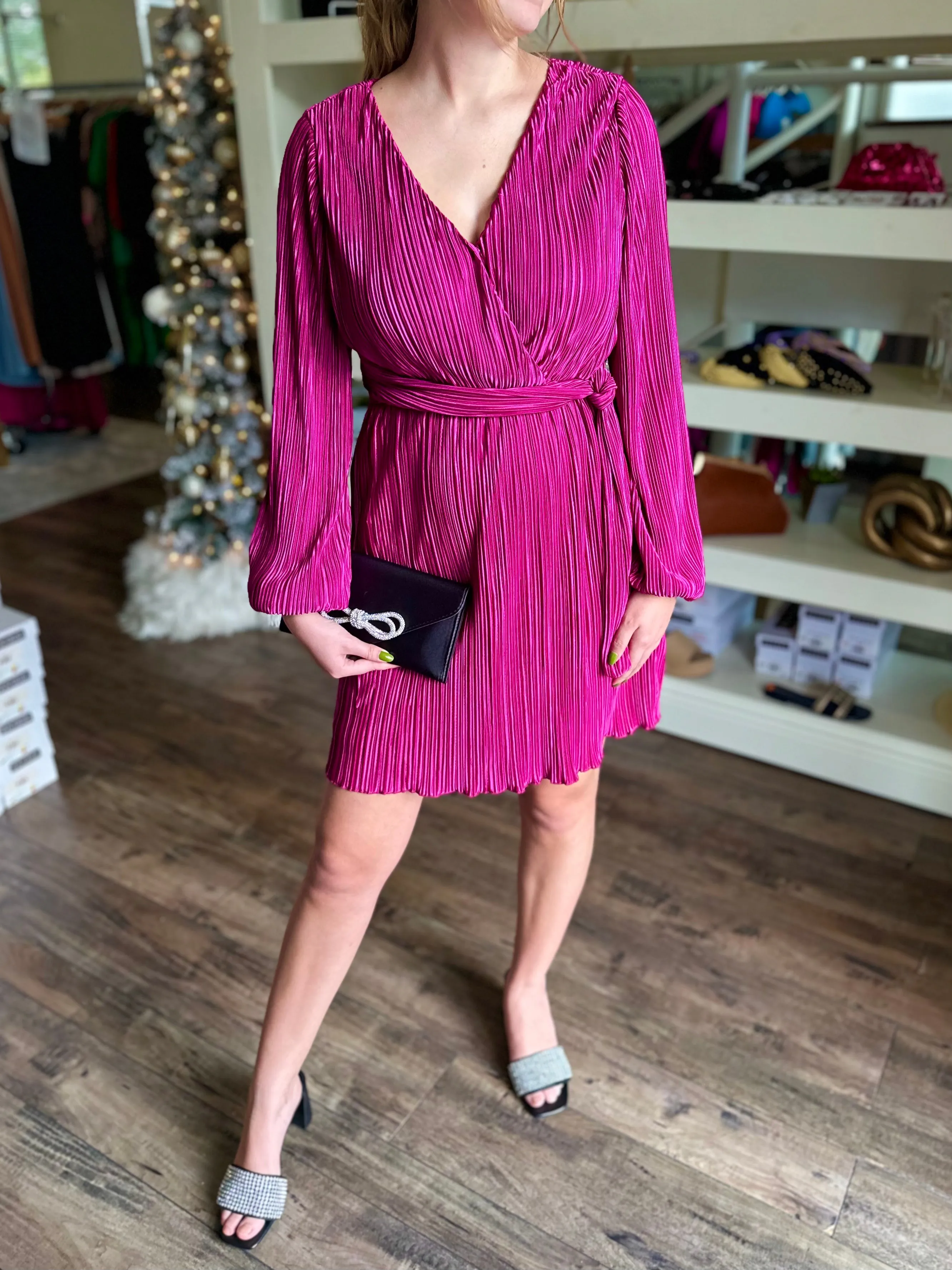 Pleated Faux Wrap Dress