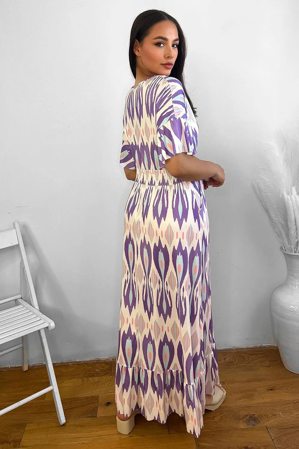 Purple Kaleidoscope Print Shirred Waist Maxi Dress